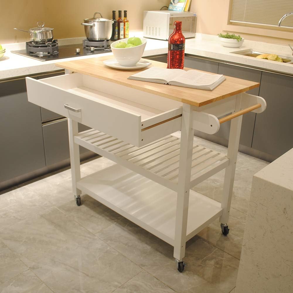 White Rolling Wood Dining Cart with 2 Drawers, 3 Baskets and 2 Shelves Q2828