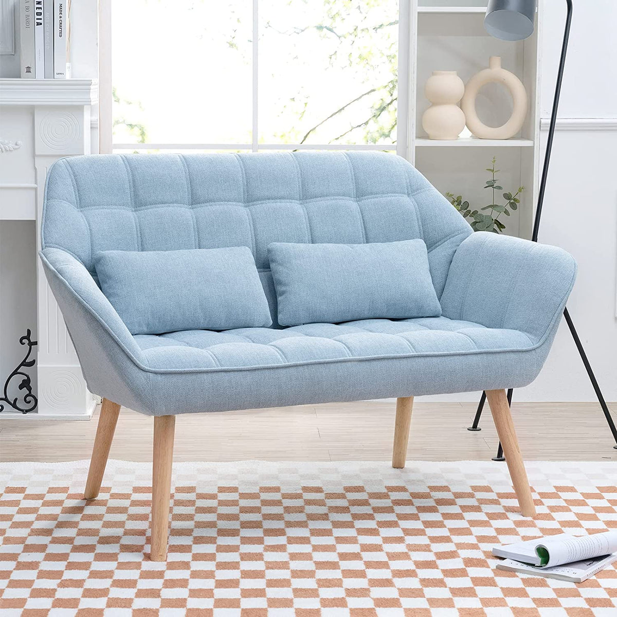 Light Blue Linen Fabric Loveseat Sofa with 2 Pillows Wood Legs U2462
