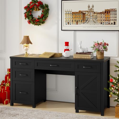 61'' Executive Desk with 5 Drawers, Rustic Wood Desk, Pure Black B209416