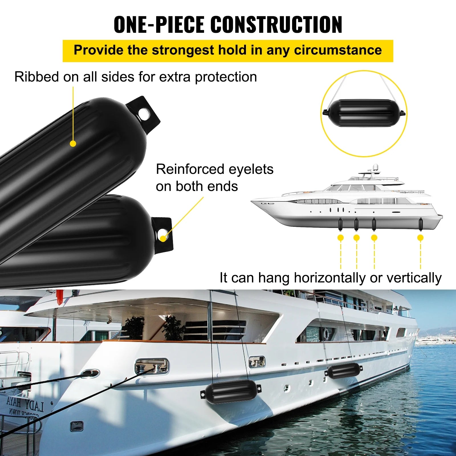 Black Boat Fender Bumper Pack of 4, 8 x 27 inches N15673