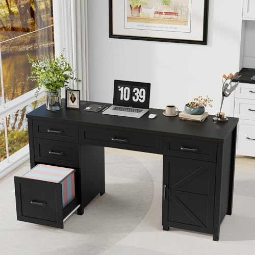 61'' Executive Desk with 5 Drawers, Rustic Wood Desk, Pure Black B209416