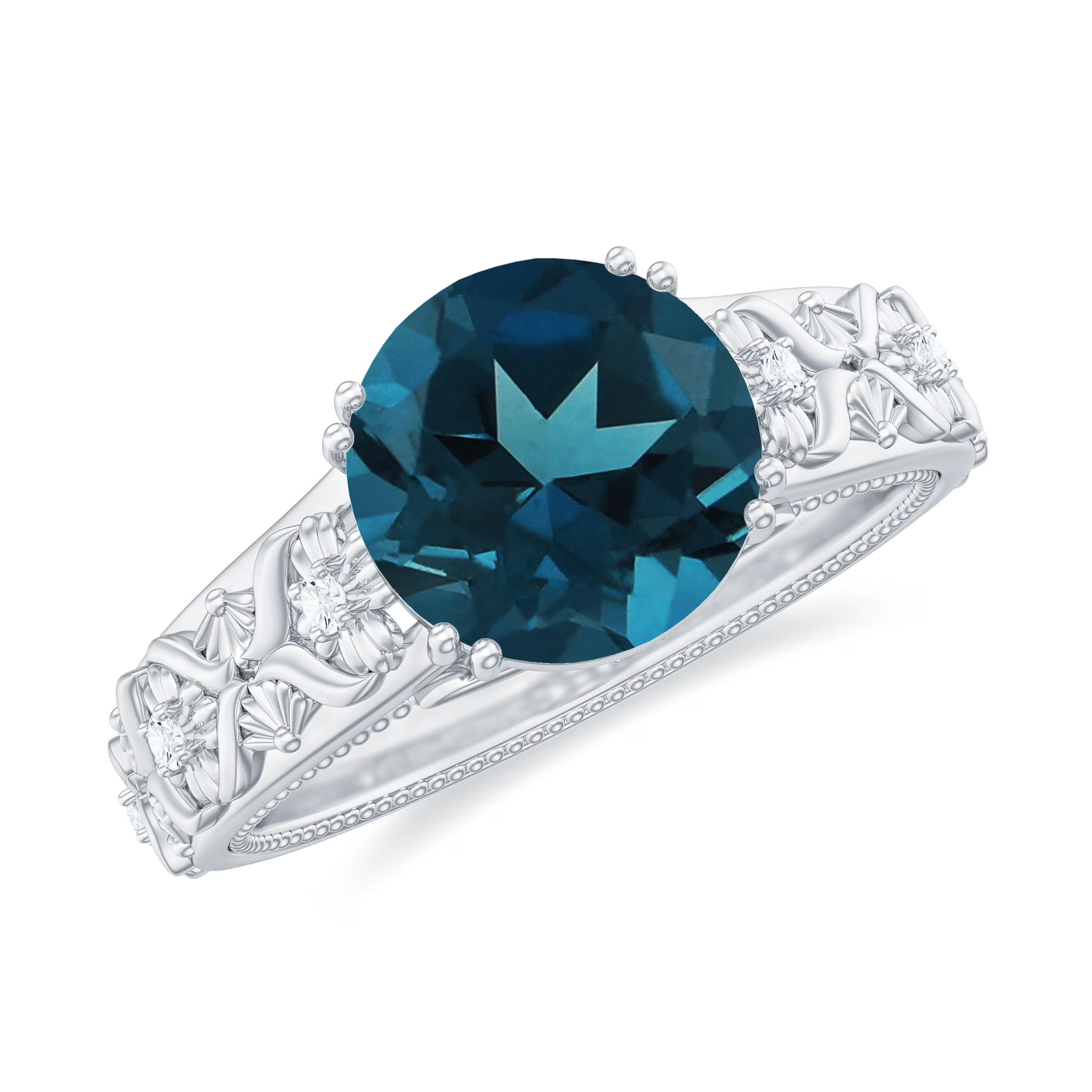 London Blue Topaz Solitaire Ring with Diamond Accent, 925 Sterling Silver, US 9.50 L69026
