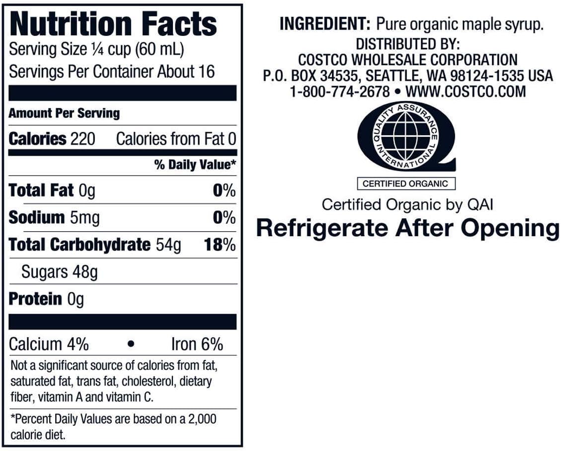 Organic Gluten Free Pure Grade A Amber Rich Maple Syrup - 1 L (33.8 oz) P106