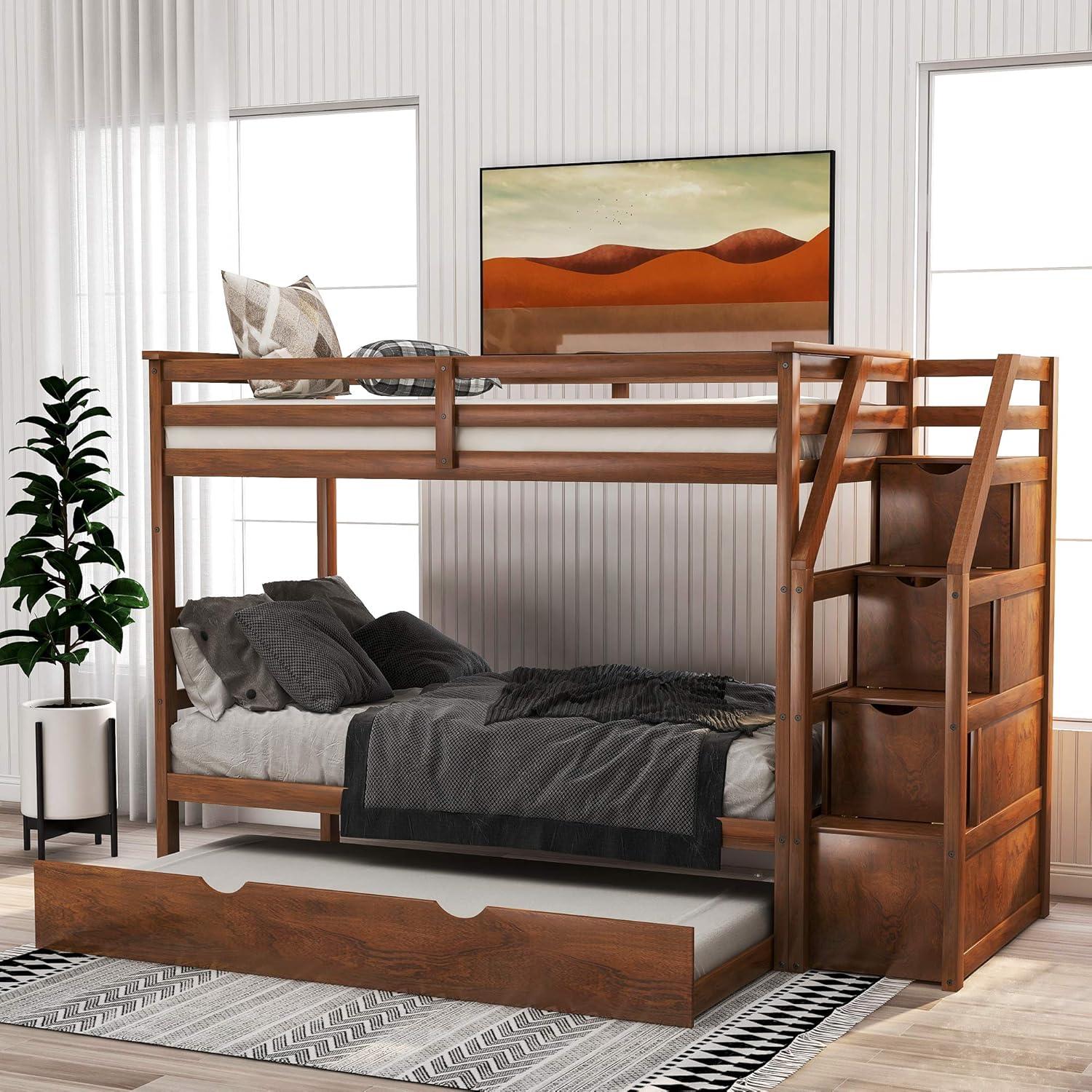 Grey Wooden Full Over Full Bunk Bed with Twin Trundle and Stairs D5085
