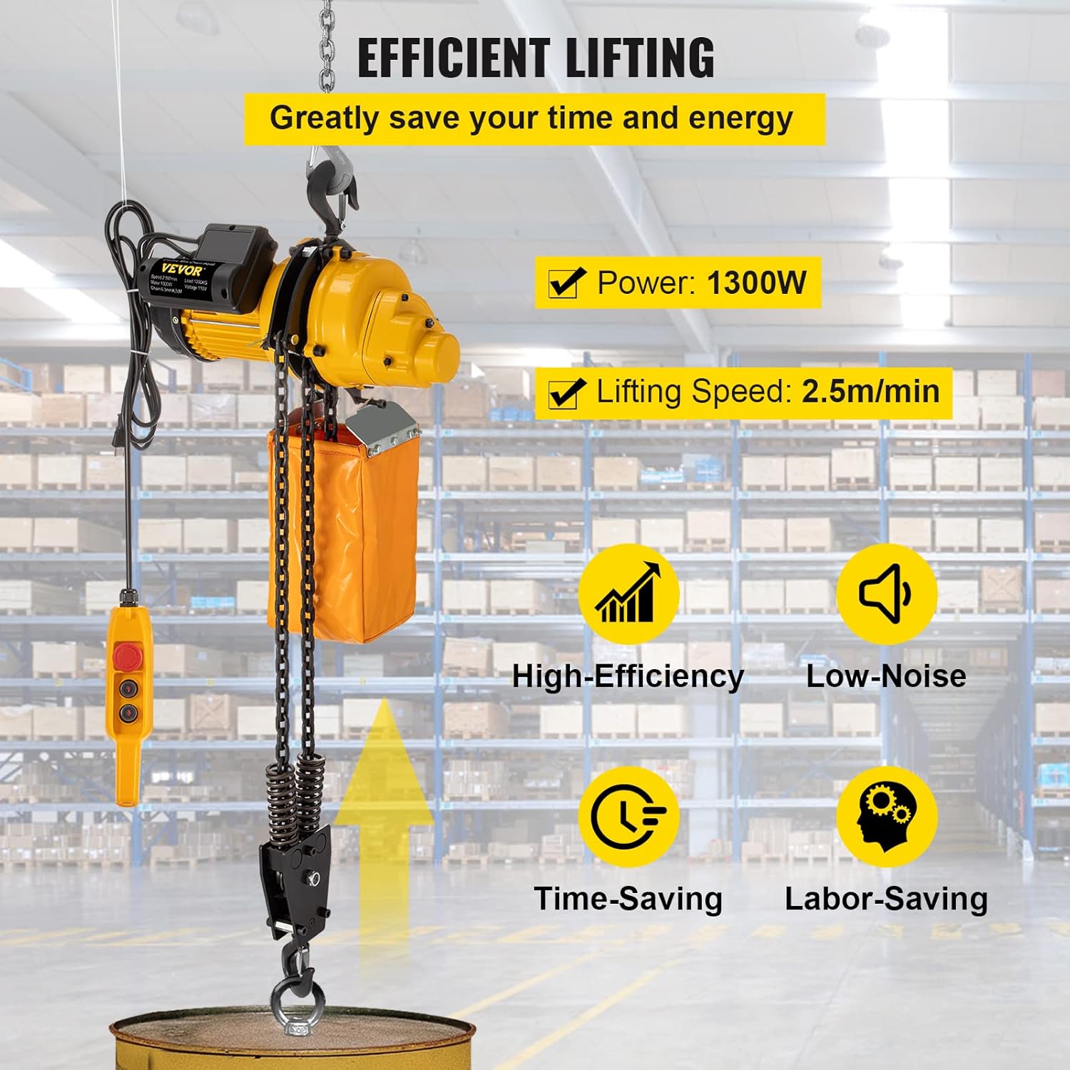 2200lbs Electric Chain Hoist with 3 m Wired Remote Control, 110V, 1300W E9869