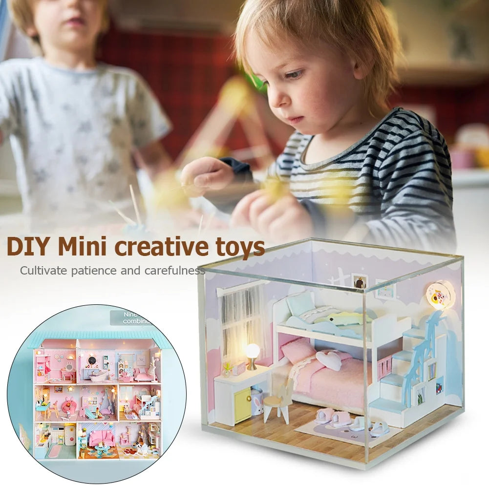 3D Wooden DIY Mini Doll House with Dust Cover Assembling Kids Toy A242990