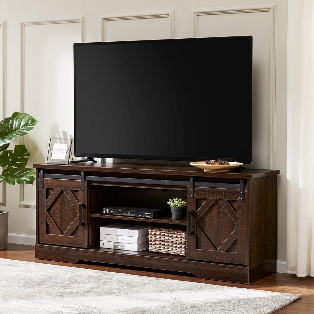 Farmhouse Sliding Barn Door TV Stand, Wood Media Console Table Cabinet 3-Level Adjustable Shelf, Rustic Brown U7281