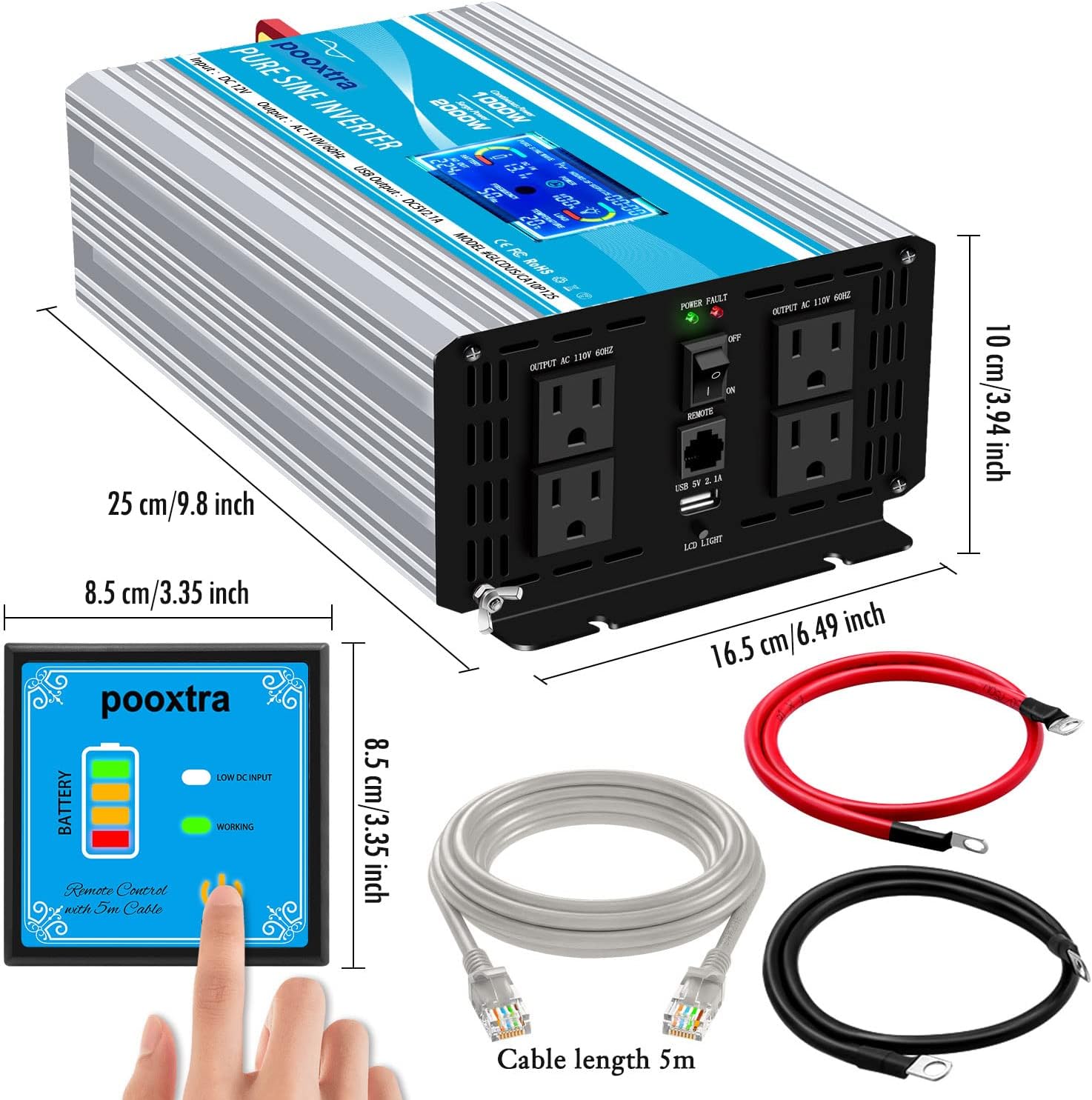 2000 Watt Pure Sine Wave Power Inverter 12V DC to 110V AC with LCD Display USB Port 4 AC Outlets P988979