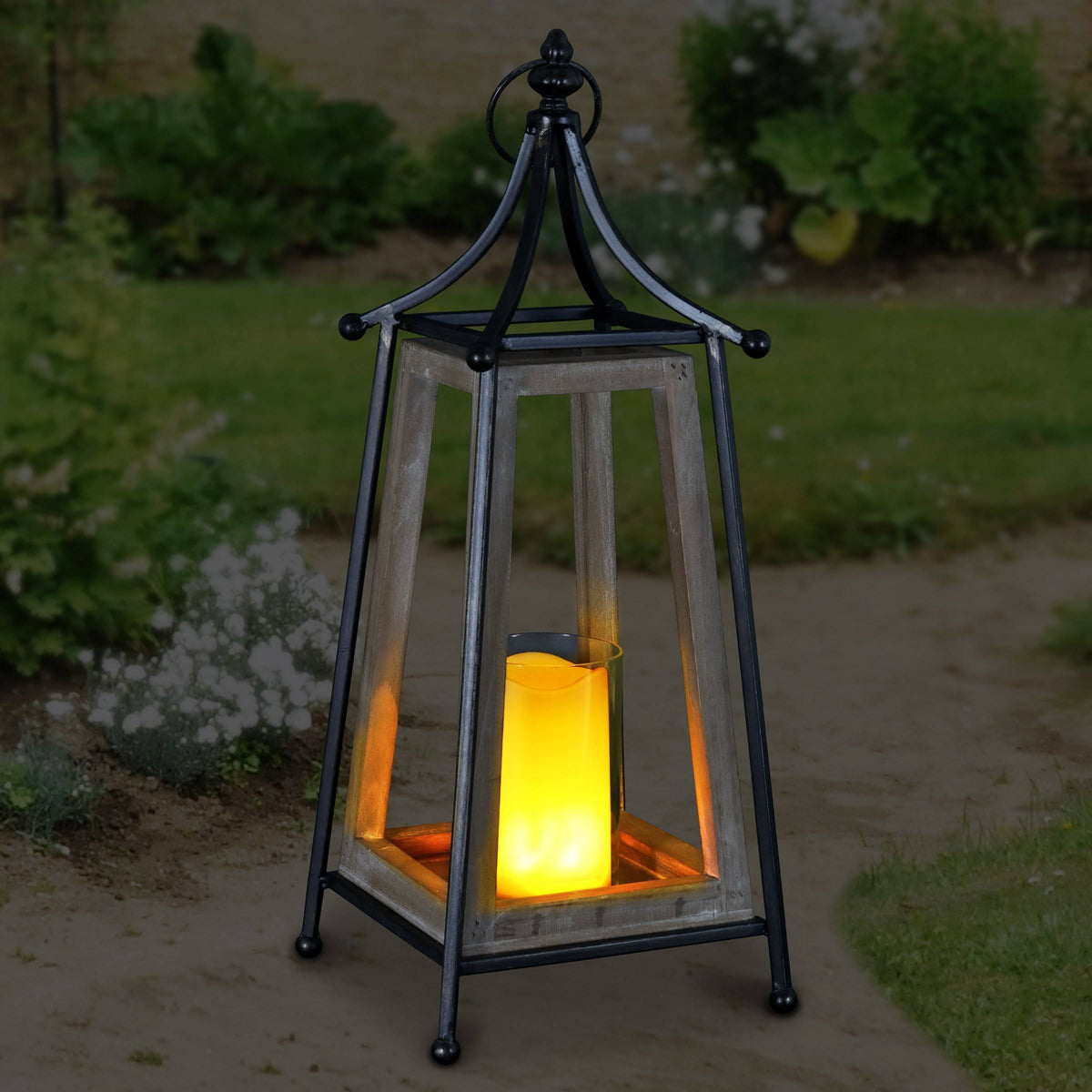 Antiqued Wood and Metal Tented Candle Lantern with LED Candle, 20.5 Inches, Natural, Beige X7132