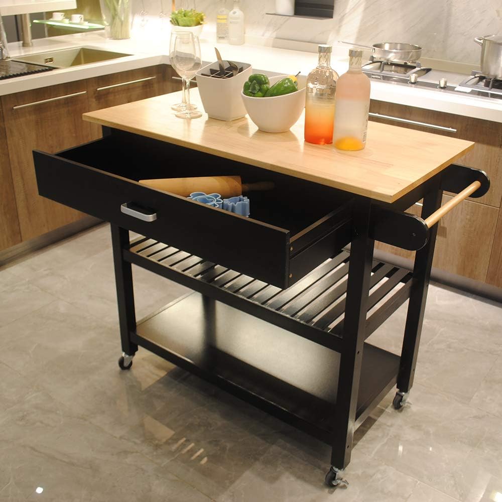 White Rolling Wood Dining Cart with 2 Drawers, 3 Baskets and 2 Shelves Q2828