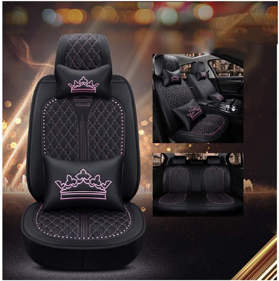 Black-Pink PU Leather Car Seat Covers 5 Seats Full Set O726