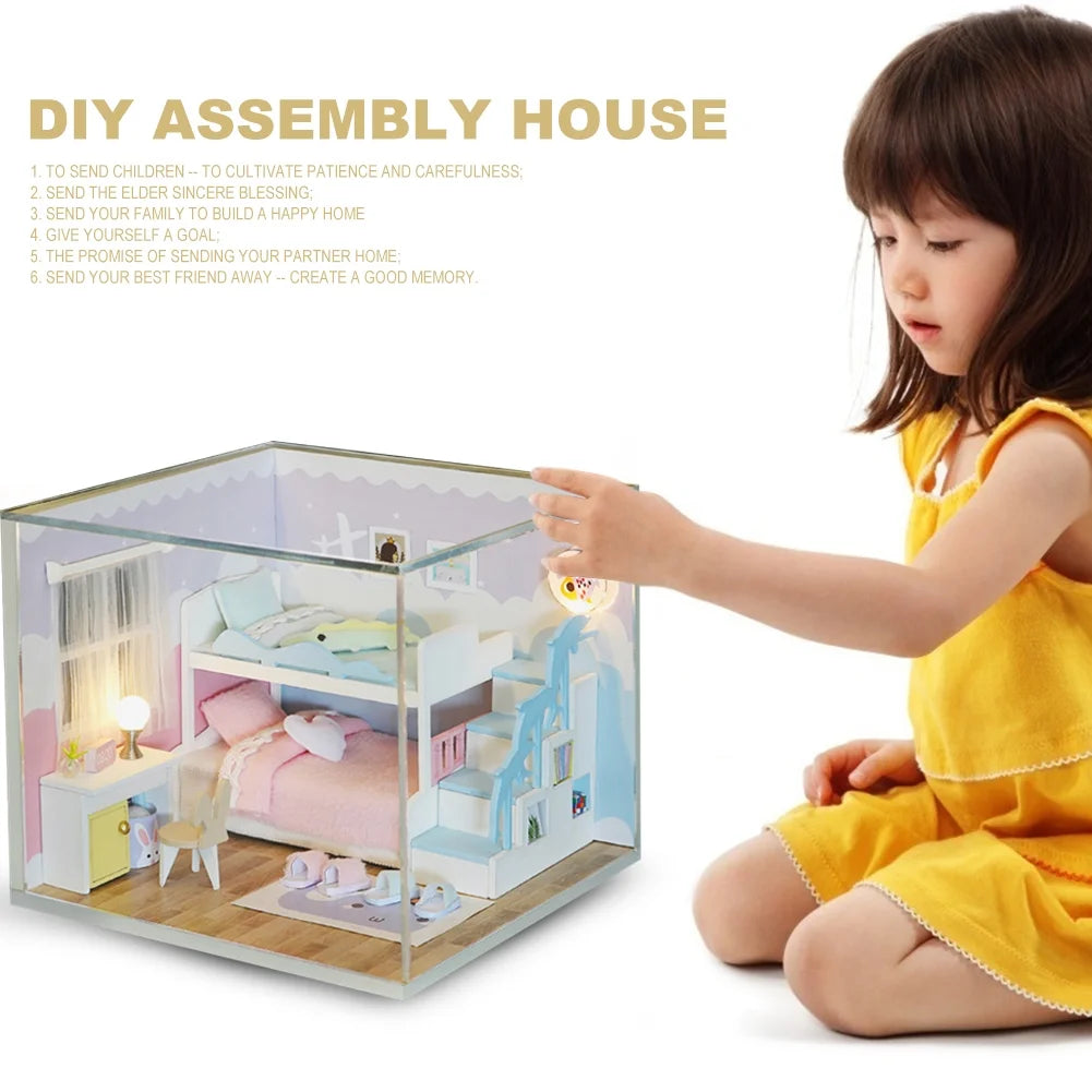 3D Wooden DIY Mini Doll House with Dust Cover Assembling Kids Toy A242990