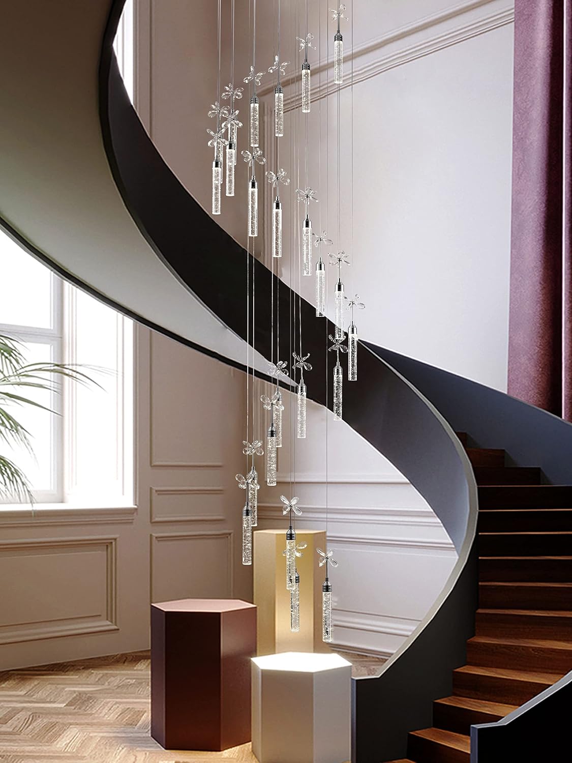 12-Lights Raindrop Spiral Crystal Chandelier with Remote Control Dimmable LED D3158
