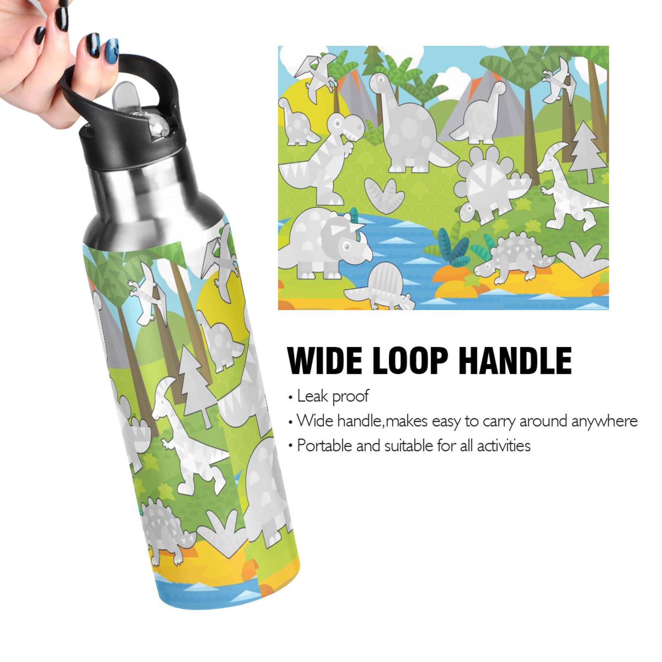 Gray Dinosaurs Stainless Steel Water Bottle with Straw Lid 20 OZ C742124