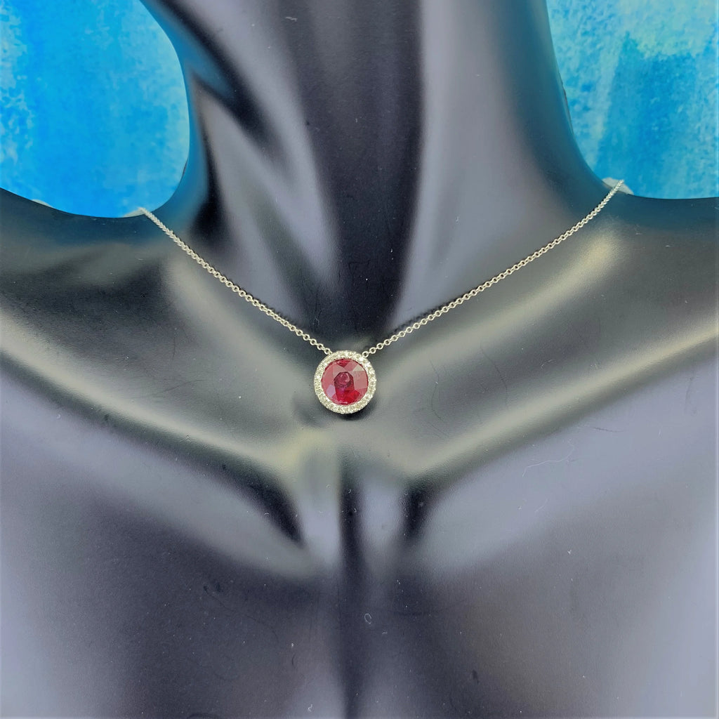 14K White Gold Necklace with Round Red Ruby and White Diamonds M61619
