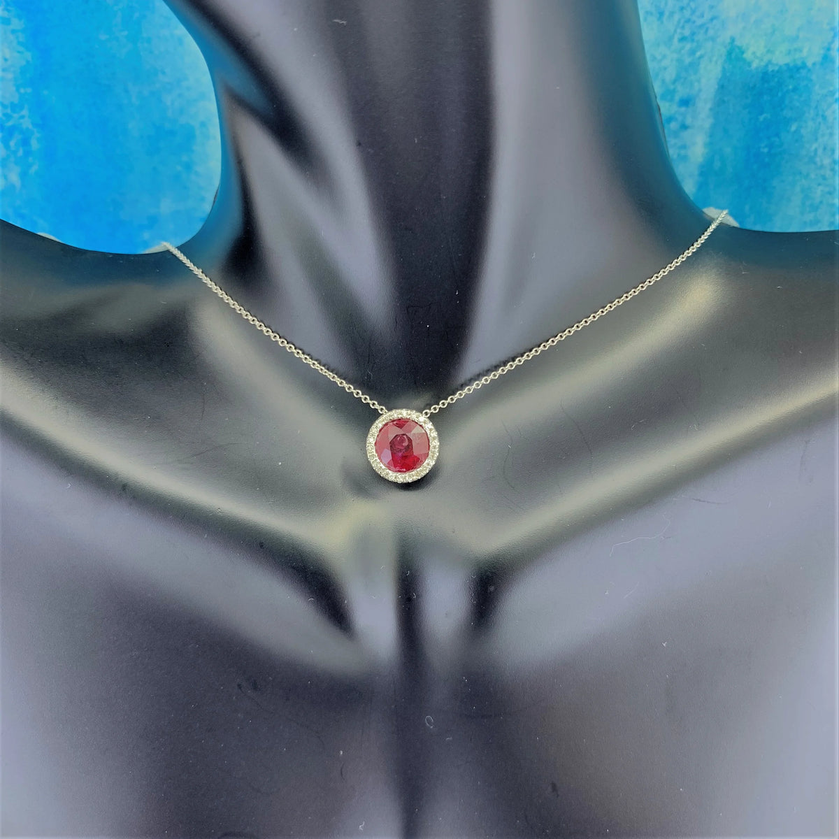 14K White Gold Necklace with Round Red Ruby and White Diamonds M61619