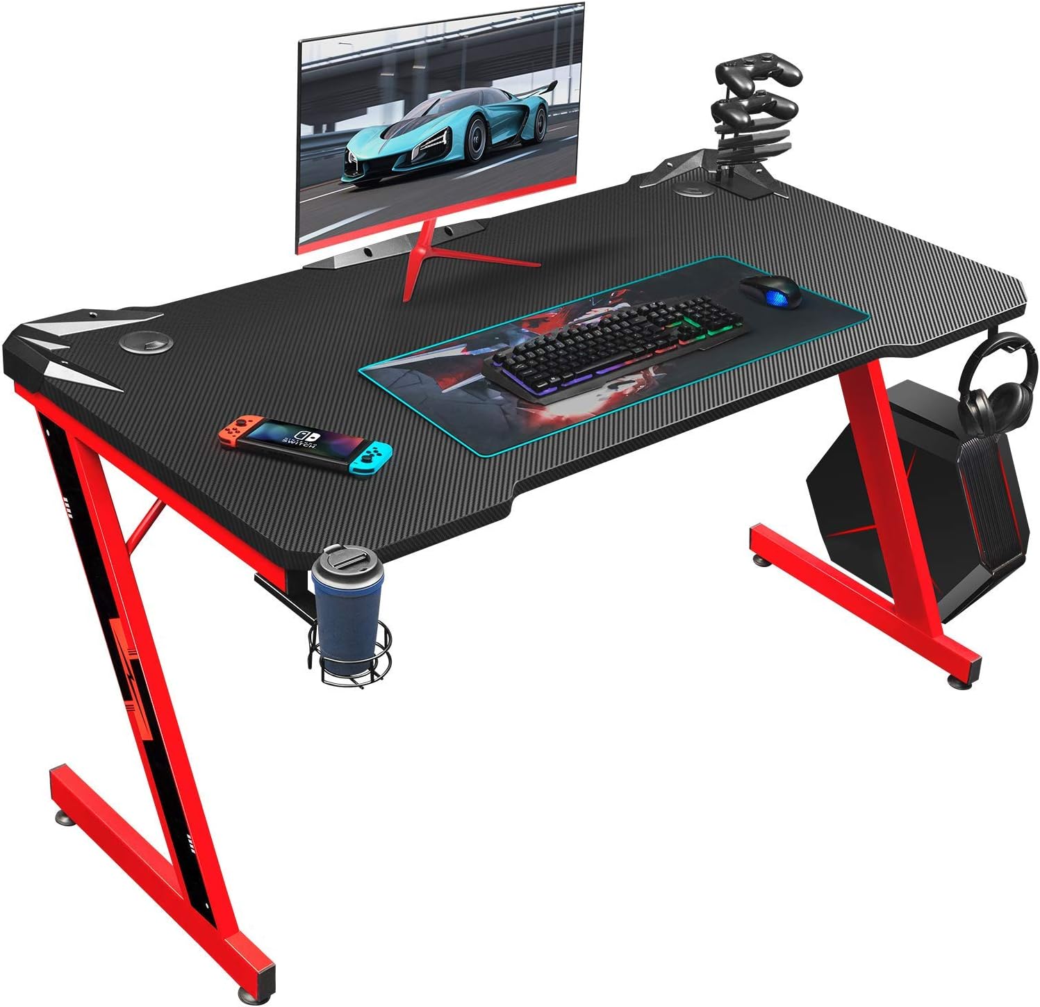 Carbon Fiber Black 44 inch Computer Desk with Cup Holder and Headphone Hook Q8198