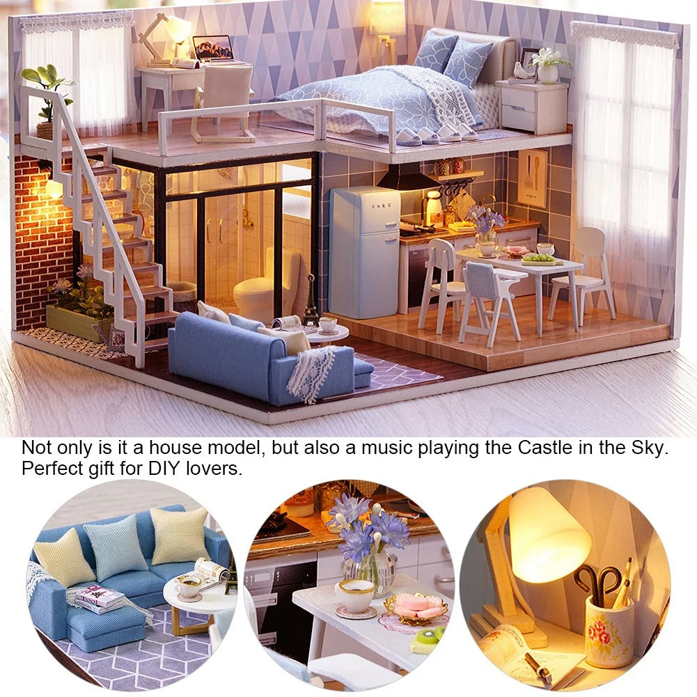 Mini Wooden Doll House Accessories DIY Toy Kit with Music H9337