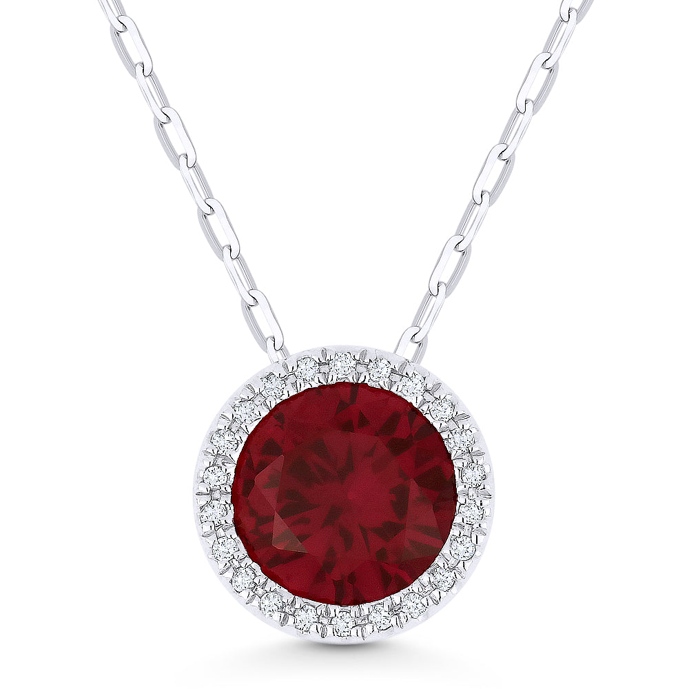 14K White Gold Necklace with Round Red Ruby and White Diamonds M61619
