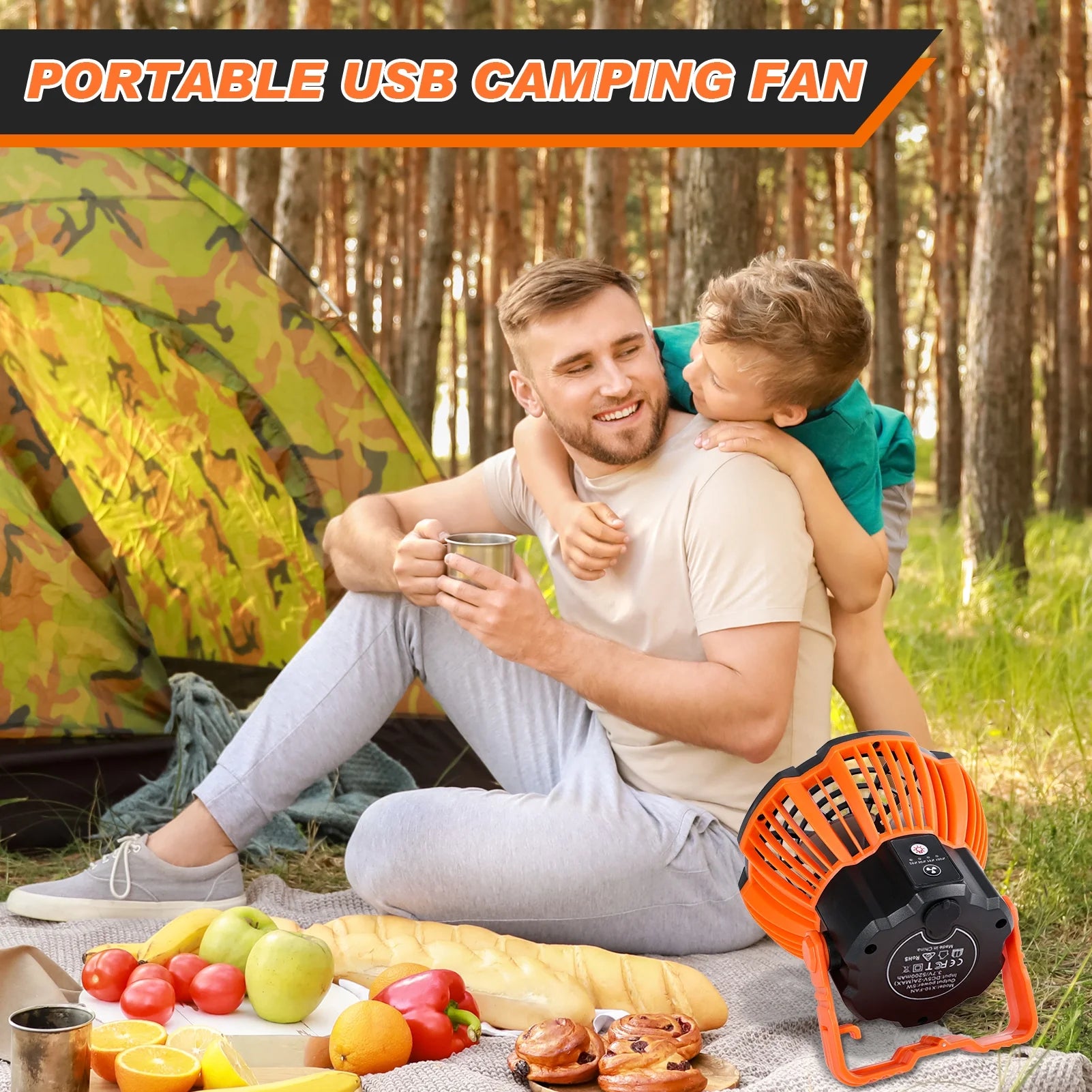 Rechargeable Camping Fan and LED Lantern with 270° Rotation and Built-In Hook C89084