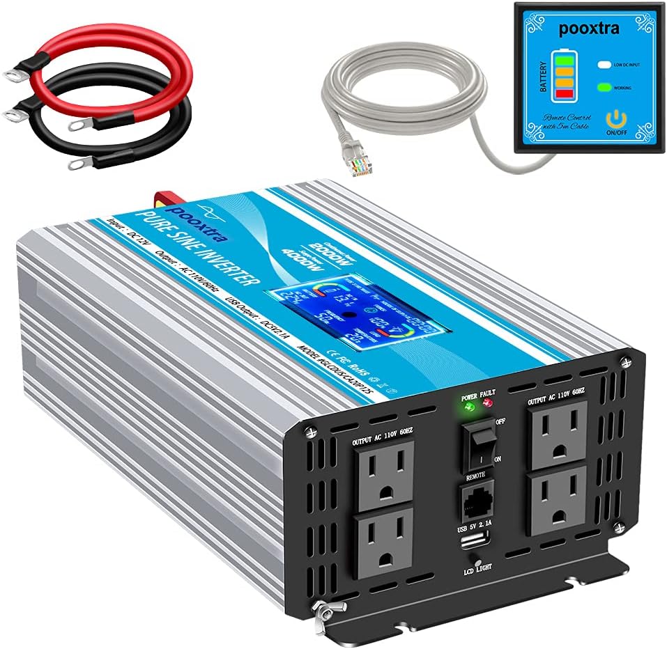 2000 Watt Pure Sine Wave Power Inverter 12V DC to 110V AC with LCD Display USB Port 4 AC Outlets P988979