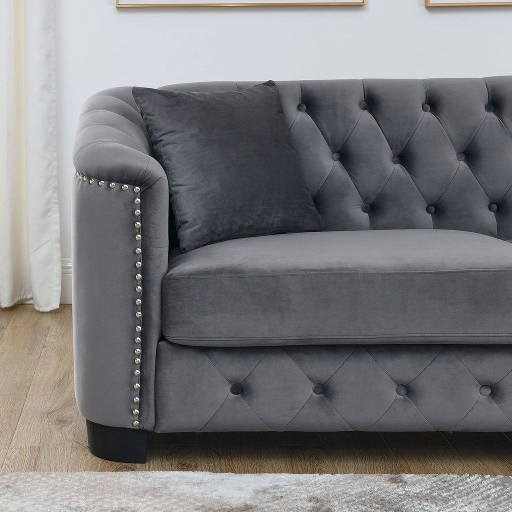 Grey Velvet Small Sofa with 2 Seat Cushions and 2 Throw Pillows N39425