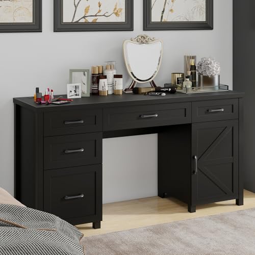 61'' Executive Desk with 5 Drawers, Rustic Wood Desk, Pure Black B209416
