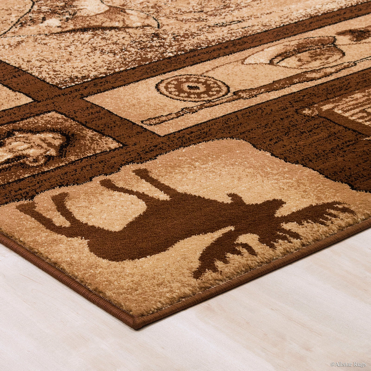 Brown Prints Fish Acorns Bear Cabin Moose Wildlife Area Rug (3' 9" x 5' 1") Q870059
