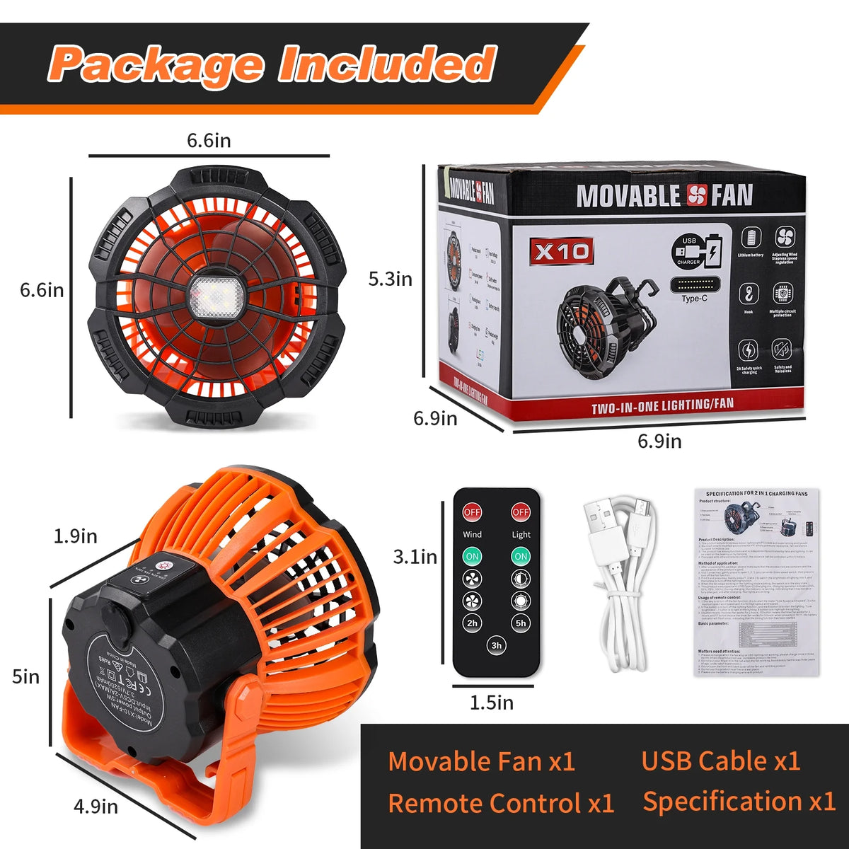 Rechargeable Camping Fan and LED Lantern with 270° Rotation and Built-In Hook C89084