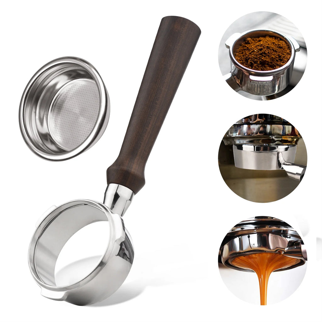 Stainless Steel Bottomless Naked Portafilter with Wooden Handle R9086