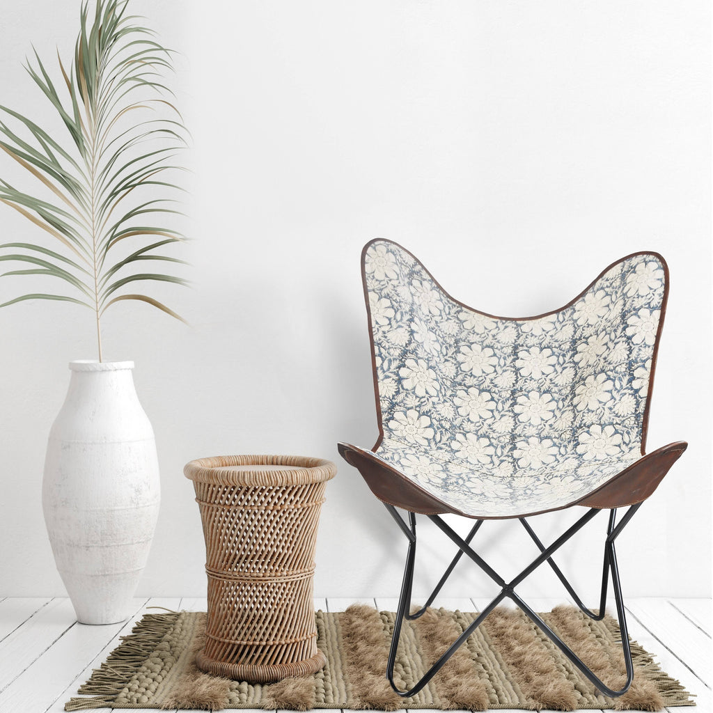 Blue/White/Brown Floral Canvas Faux Leather Butterfly Chair H565829