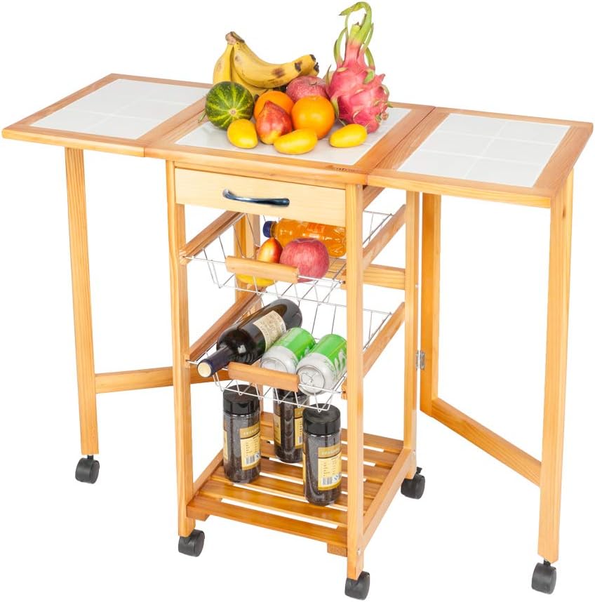 White Rolling Wood Dining Cart with 2 Drawers, 3 Baskets and 2 Shelves Q2828