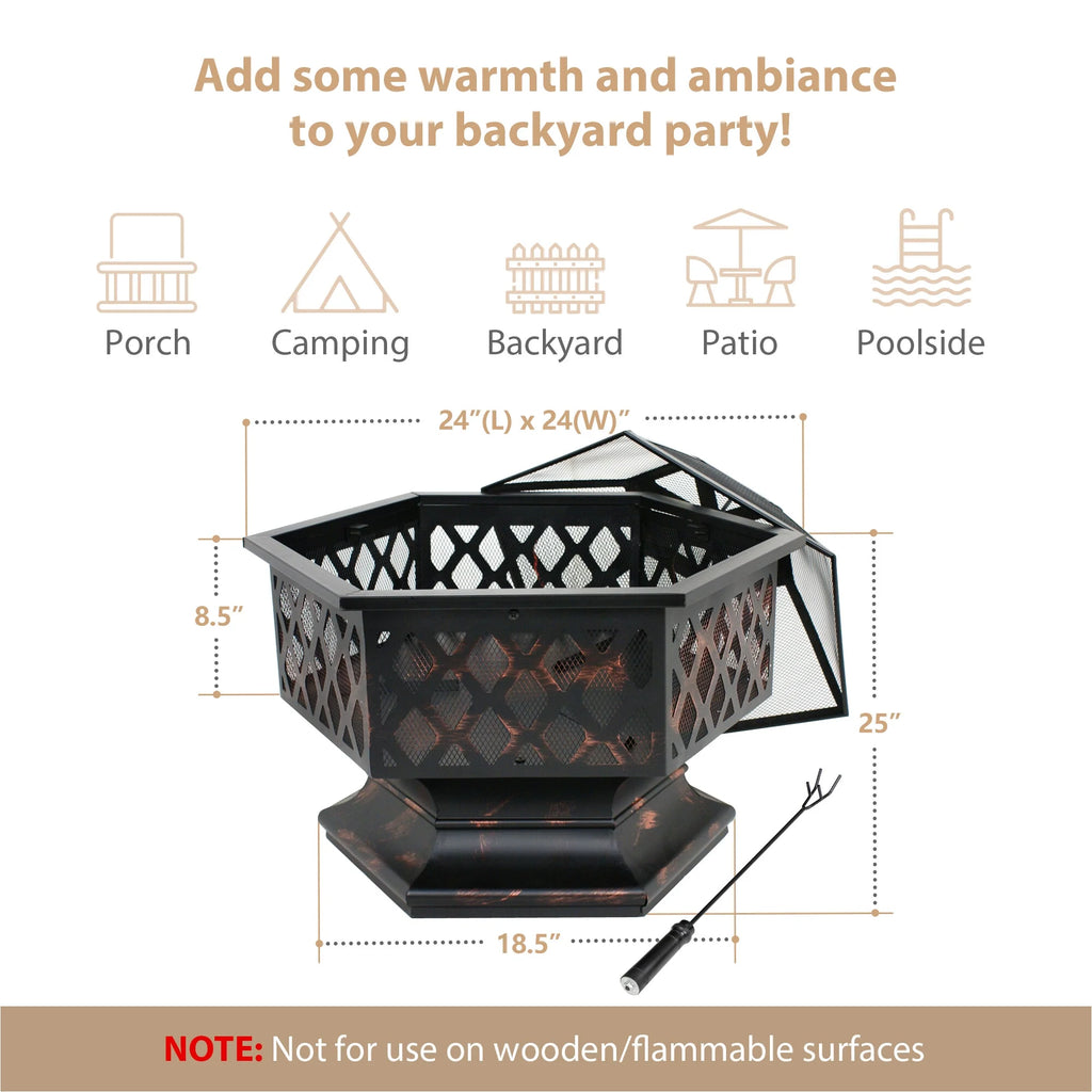 24’’ Portable Wood Burning Fire Pit with Mesh Lid N958