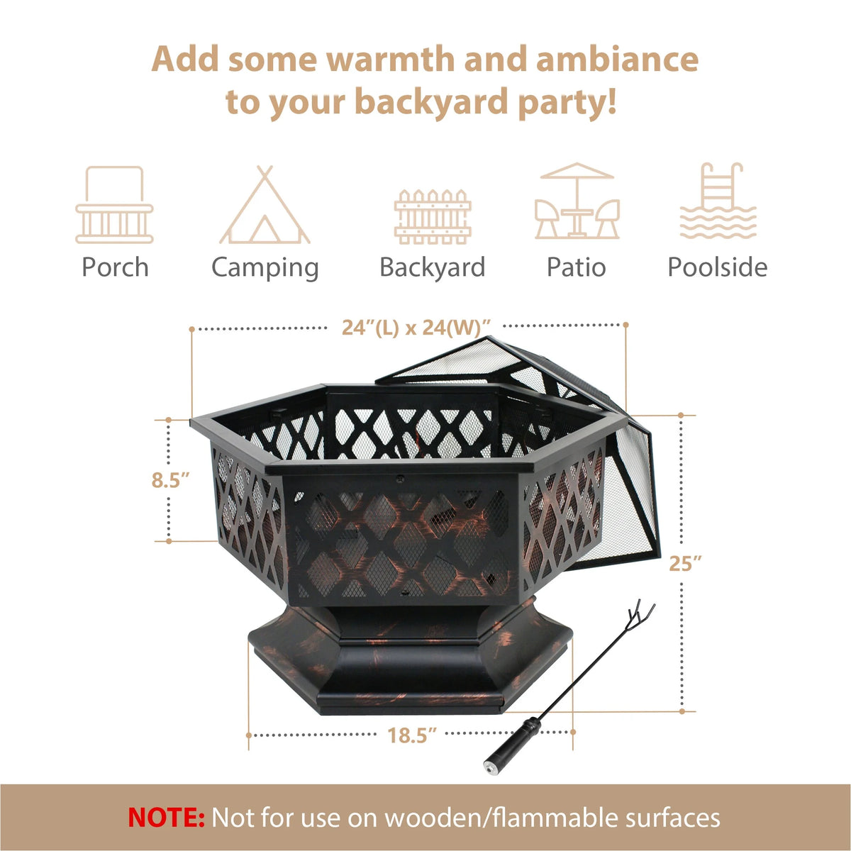 24’’ Portable Wood Burning Fire Pit with Mesh Lid N958
