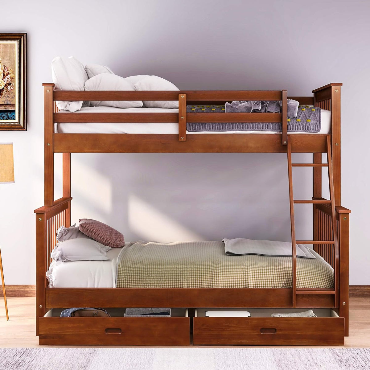 Grey Wooden Full Over Full Bunk Bed with Twin Trundle and Stairs D5085