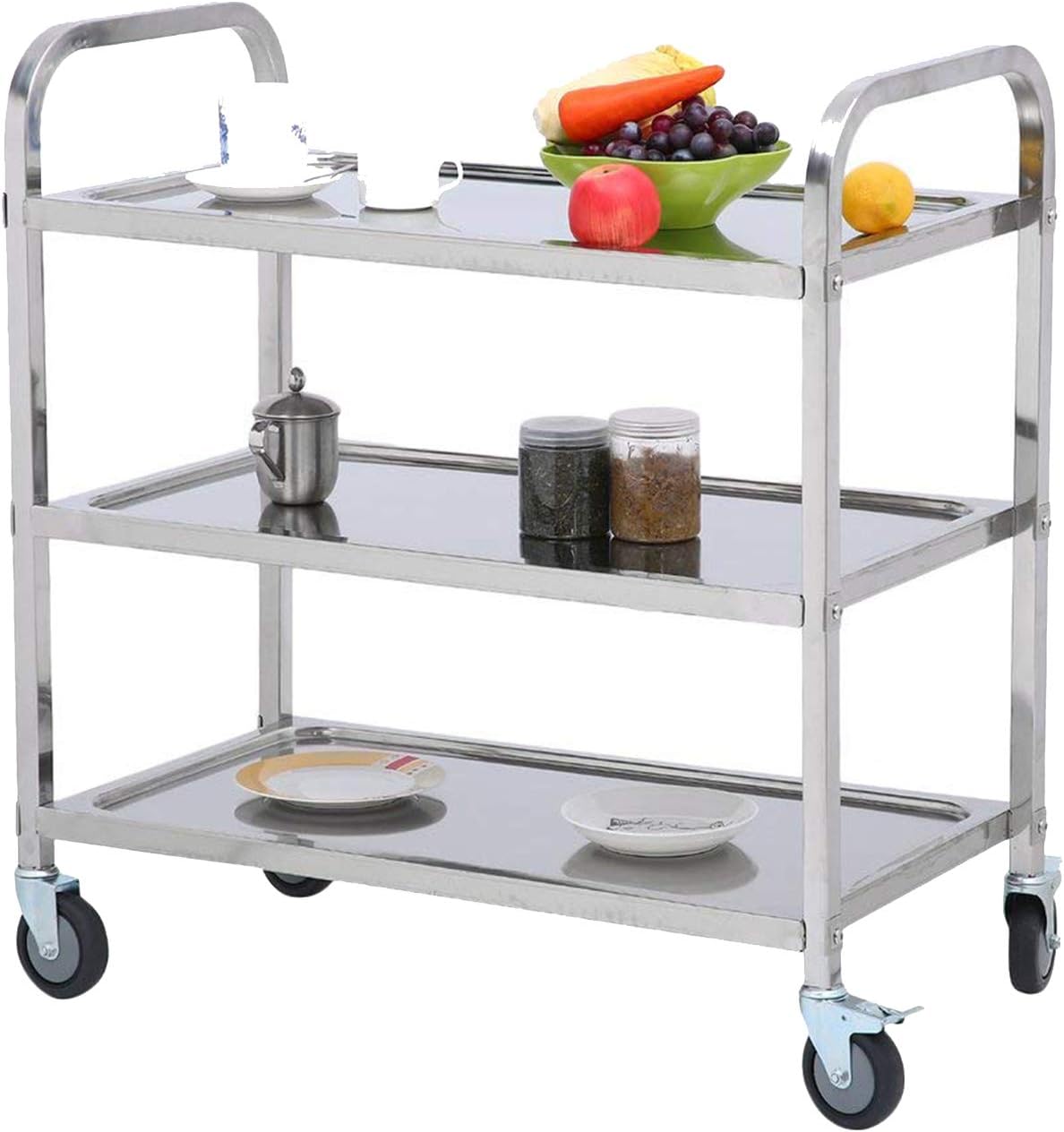 3 Tier Stainless Steel Utility Cart with Wheels Serving Trolley Storage Shelf Q5796