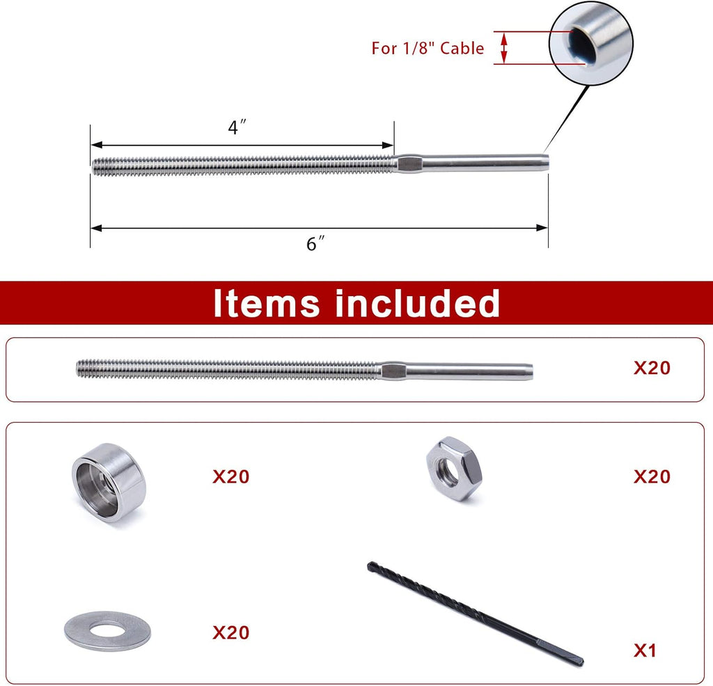 20Pack 1/8 Cable Railing Kit End Fitting Terminal T316 Stainless Steel L380865