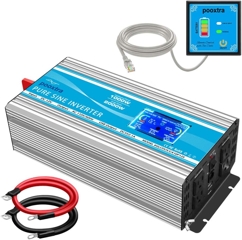 2000 Watt Pure Sine Wave Power Inverter 12V DC to 110V AC with LCD Display USB Port 4 AC Outlets P988979