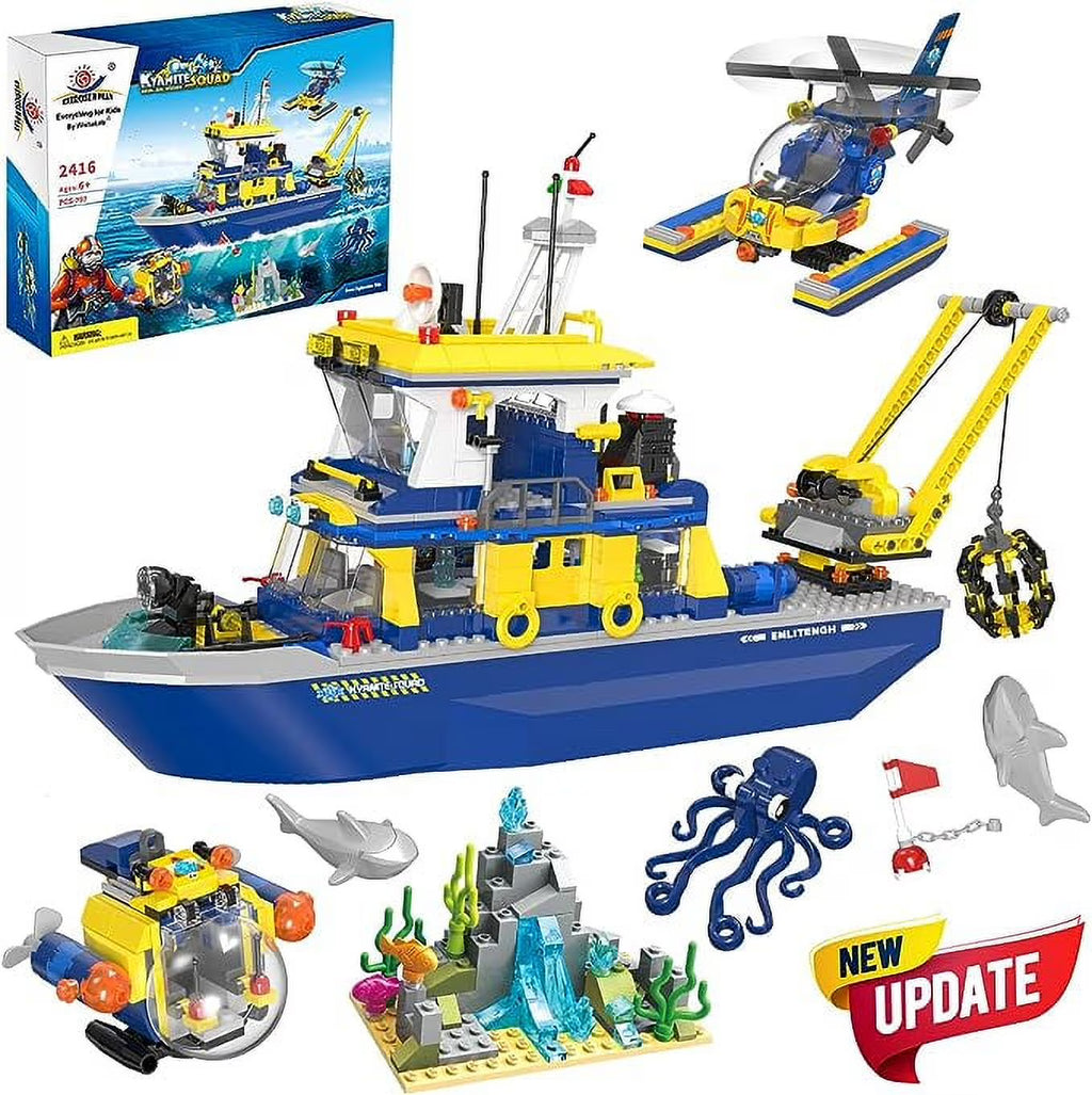 Ocean Exploration Ship Building Kit with Submarine and Helicopter, 753 Pieces P330