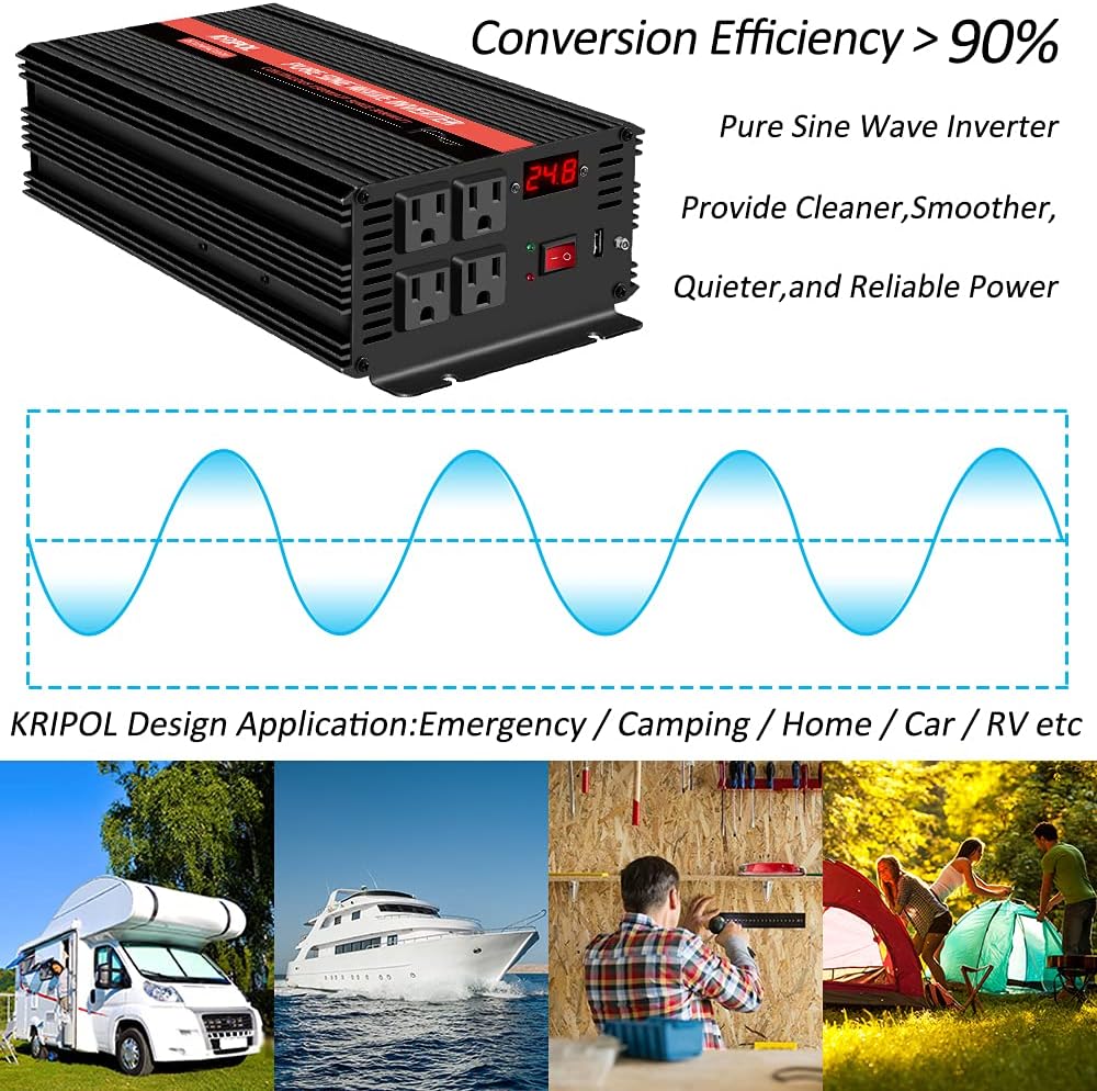 1500 Watt Pure Sine Wave Power Inverter 12V DC to 110V AC 60HZ with 4 AC Outlets and 1 USB Output X38638