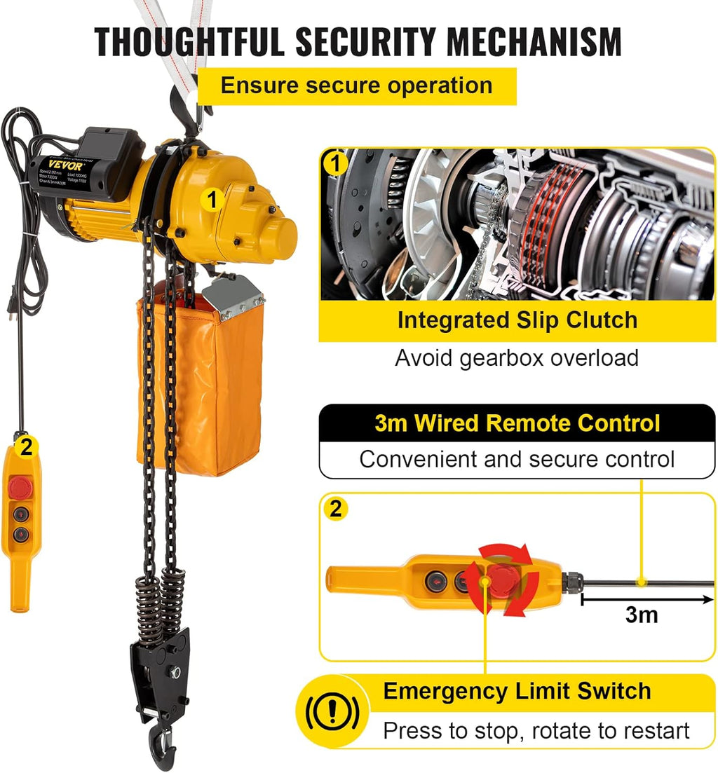 2200lbs Electric Chain Hoist with 3 m Wired Remote Control, 110V, 1300W E9869