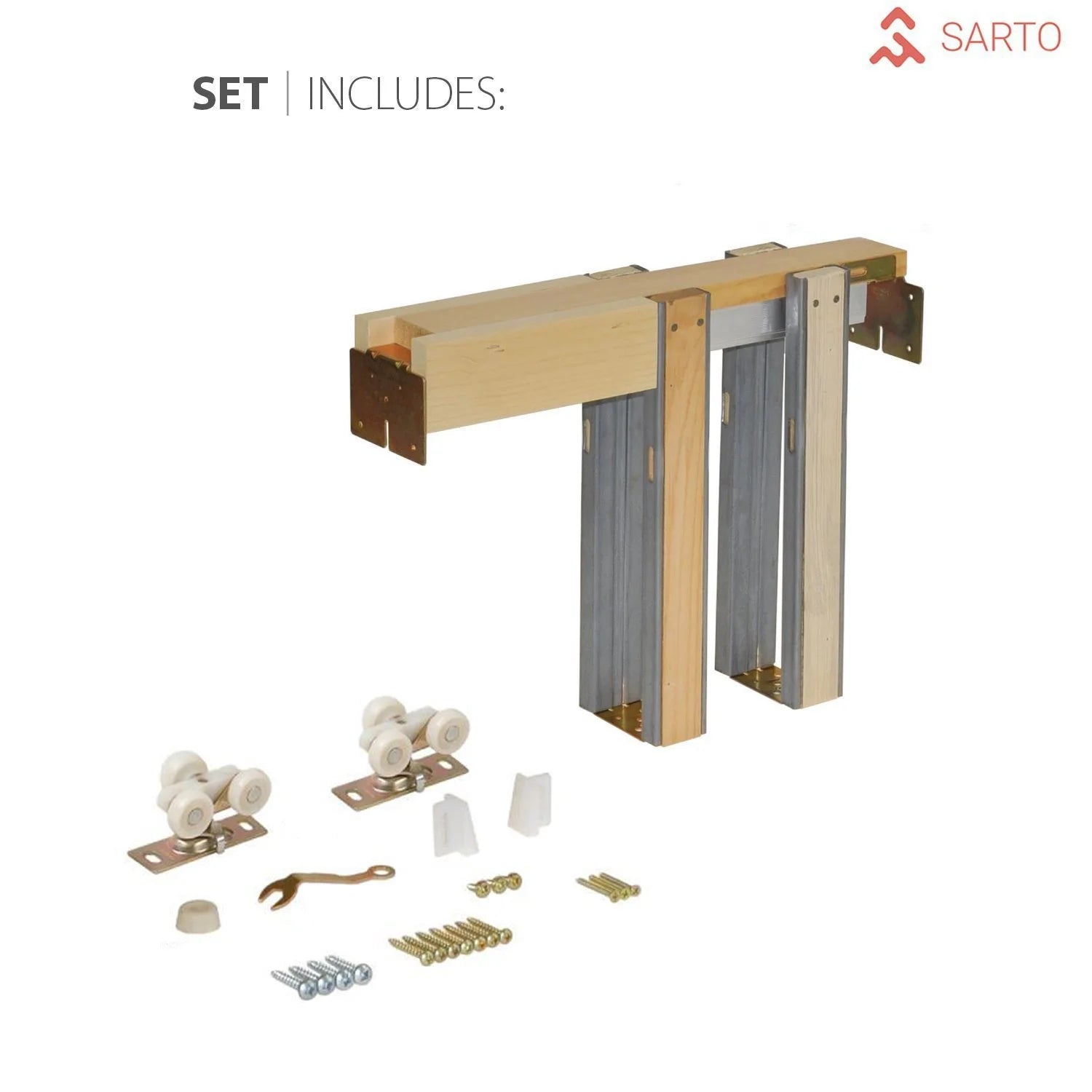 Solid Wood Sliding French Pocket Door 32 x 84 inches with Kit Trims Rail Hardware T696282