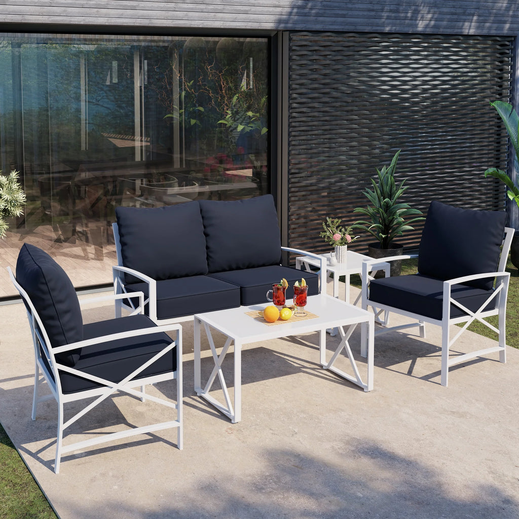 5-Piece Patio Furniture Set with Loveseat Sofa Coffee Table Metal Navy Blue K73097