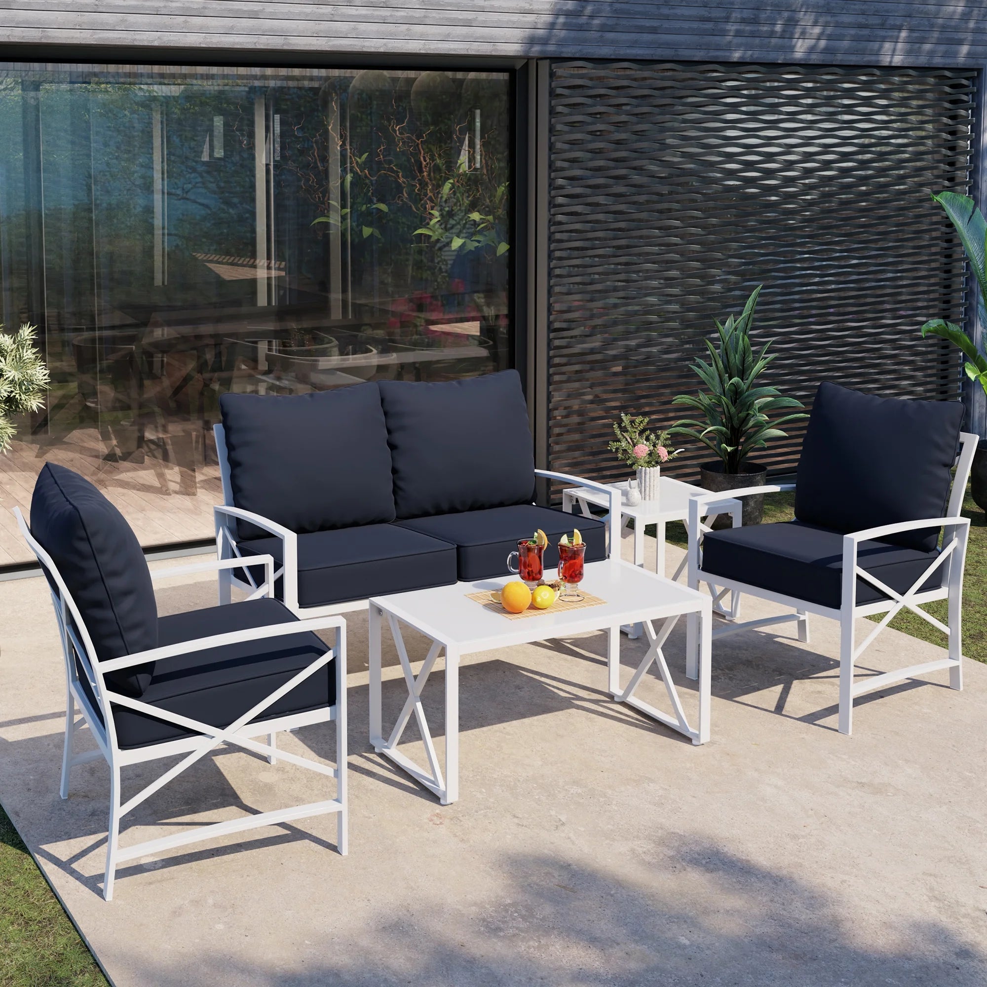 5-Piece Patio Furniture Set with Loveseat Sofa Coffee Table Metal Navy Blue K73097