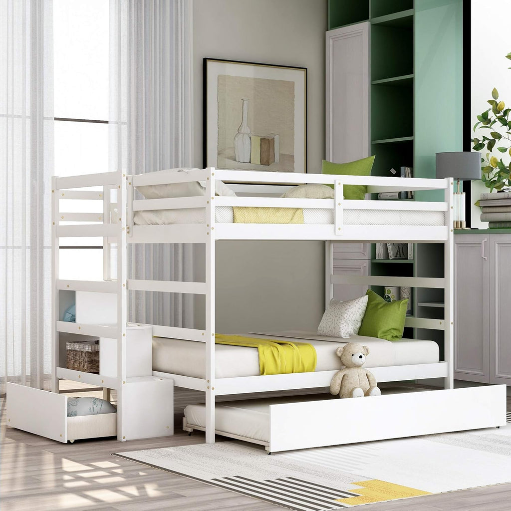 Grey Wooden Full Over Full Bunk Bed with Twin Trundle and Stairs D5085