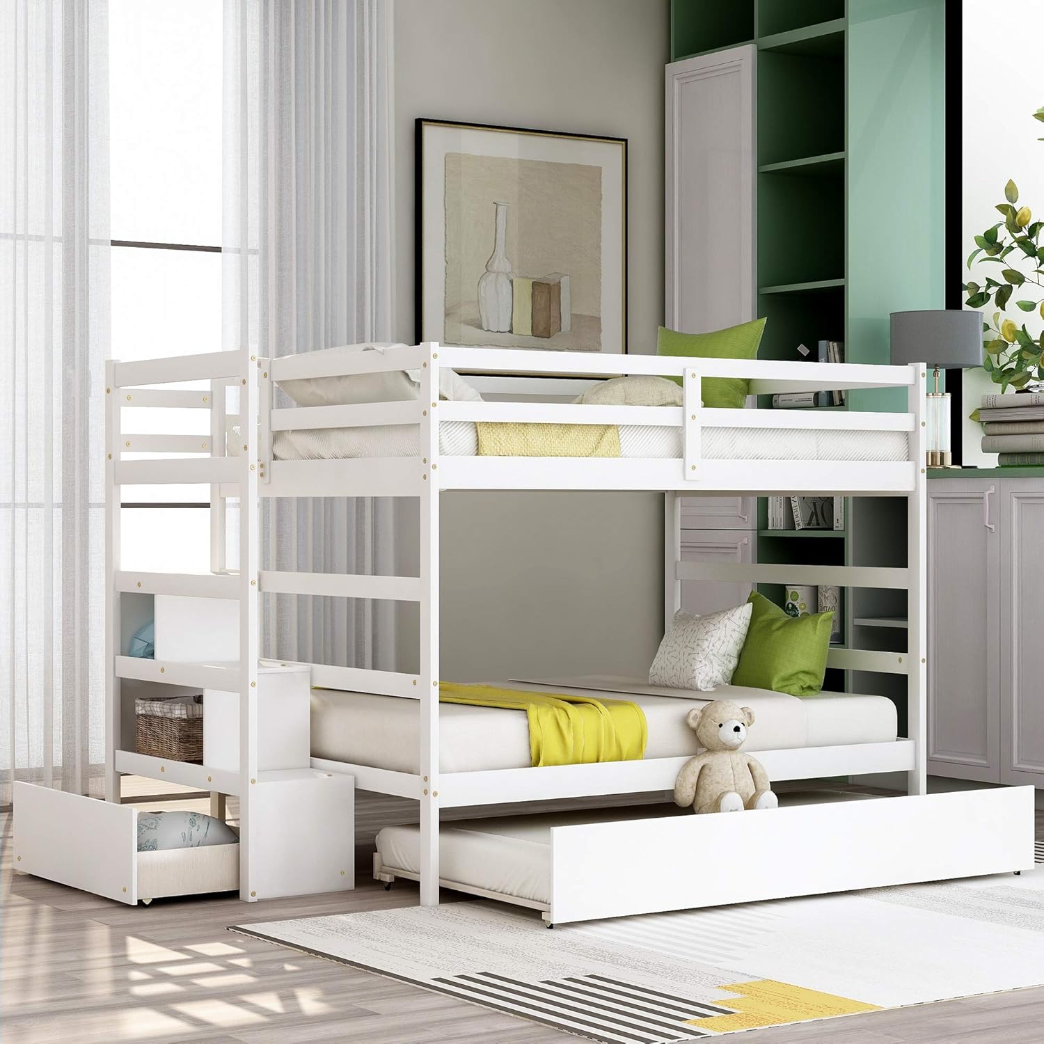 Grey Wooden Full Over Full Bunk Bed with Twin Trundle and Stairs D5085