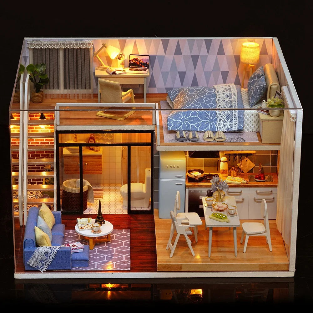 Mini Wooden Doll House Accessories DIY Toy Kit with Music H9337