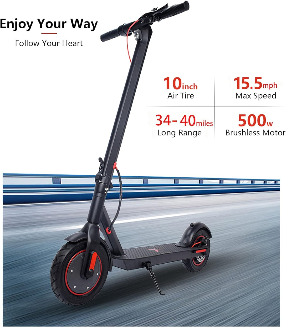 Electric Scooter with 500W Motor, 34-40 Miles Range, 15.5MPH, 10" Air Filled Tire C787114