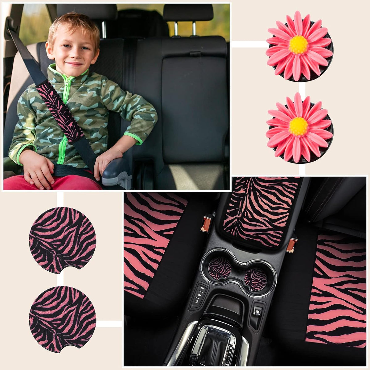 20 Pieces Hot Pink Zebra Print Car Accessories Set F5914