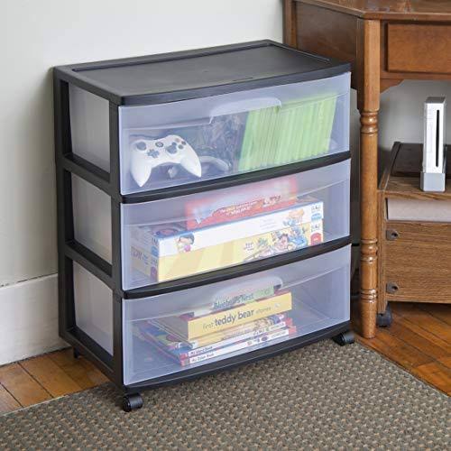 Wide 3 Drawer Cart with Clear Drawers and Black Casters I2614